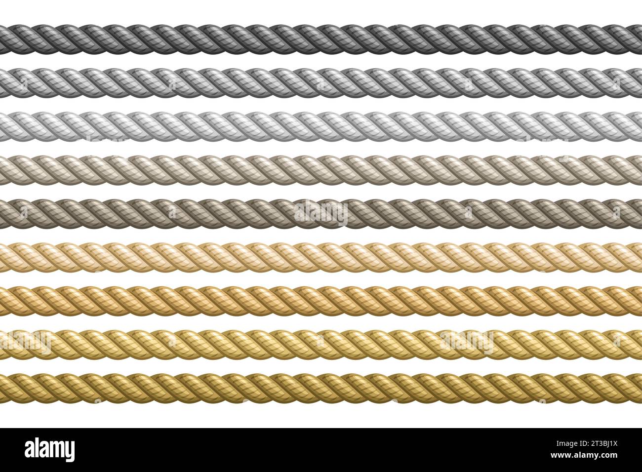 Vector Seamless Rope Set, group of illustration horizontal decorative gray and yellow long ropes, collection of many different vintage plastic ropes o Stock Vector
