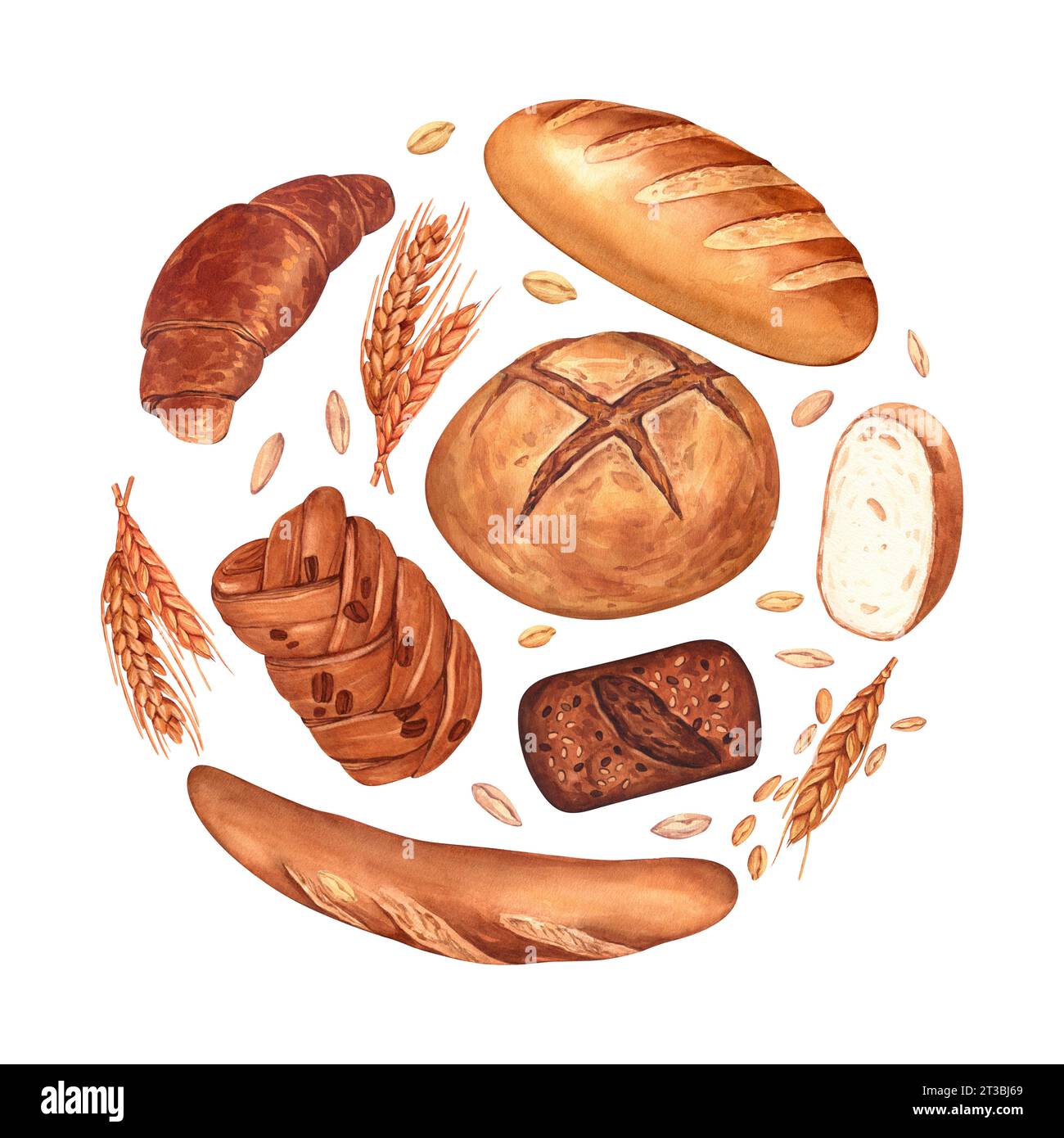 Watercolor bakery round background. Illustration bread and pastry ...