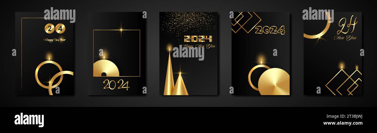 set cards 2024 Happy New Year gold texture, golden luxury black modern background, elements for calendar and greetings card or Christmas themed Stock Vector