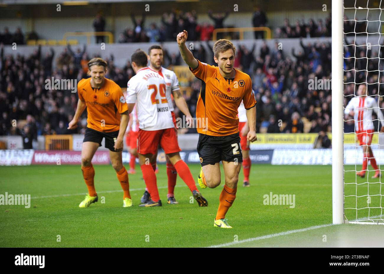 Kevin Doyle of Wolverhampton Wanderers celebrates after scoring a goal to make it 1-0 Sky Bet Football League One -  Wolverhampton Wanderers v Stevenage 02/11/2013 Stock Photo