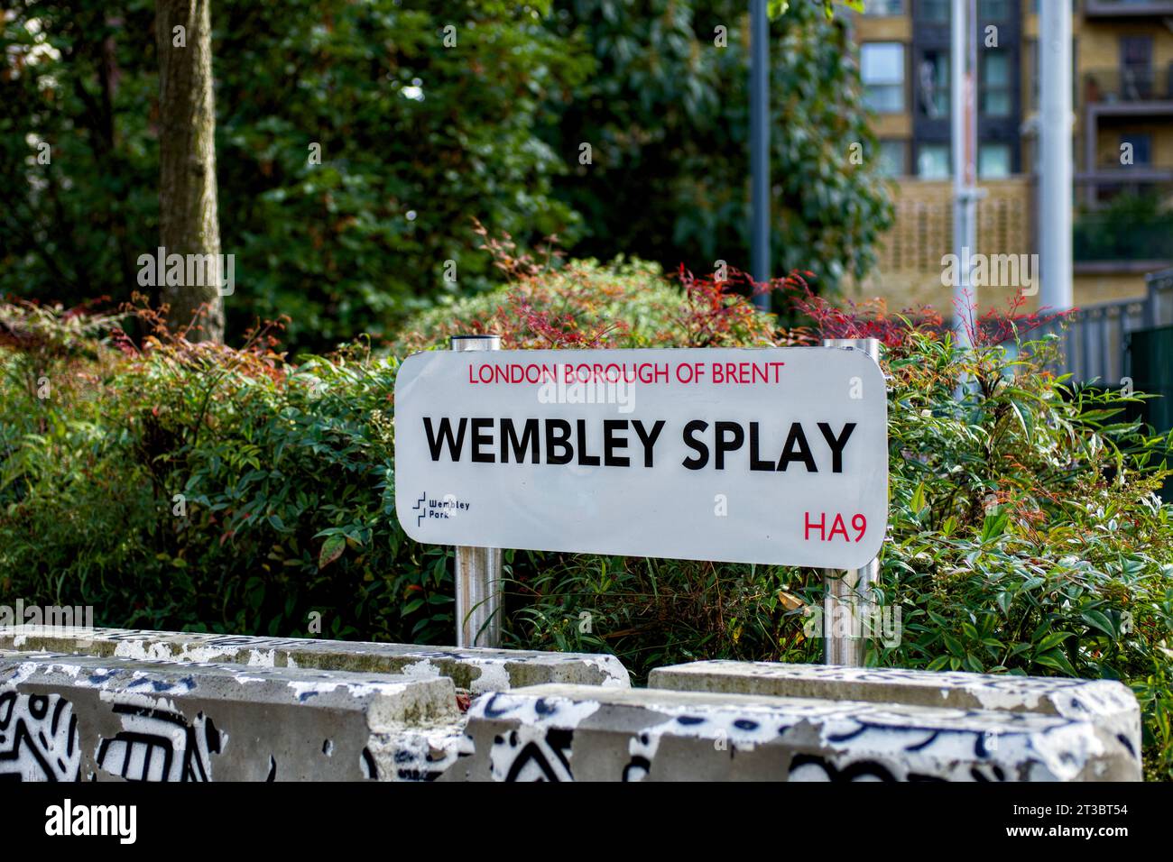 Wembley Splay street sign, Market Square, Wembley Park, Borough of Brent, London, England, UK Stock Photo