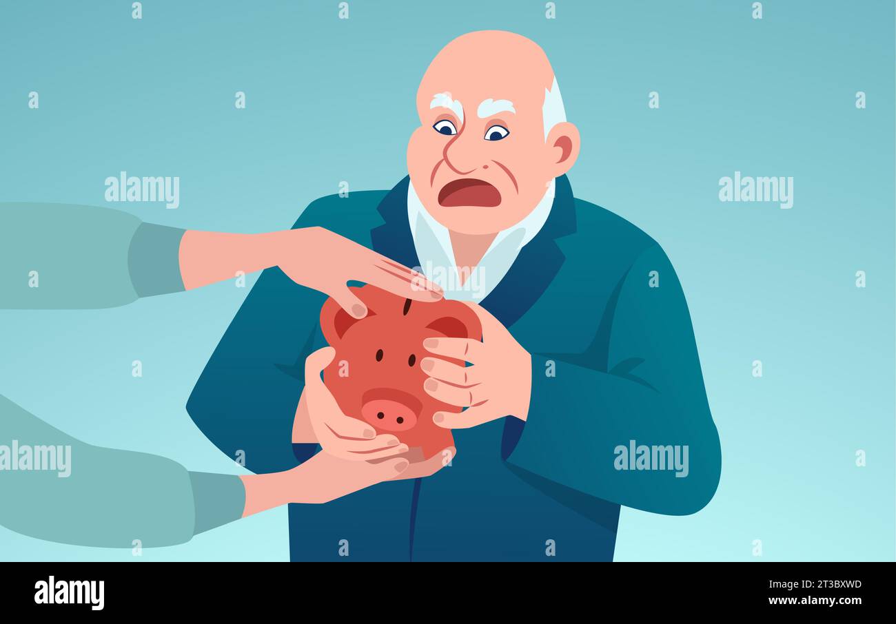 Vector of an elderly scared business man holding piggy bank trying to ...