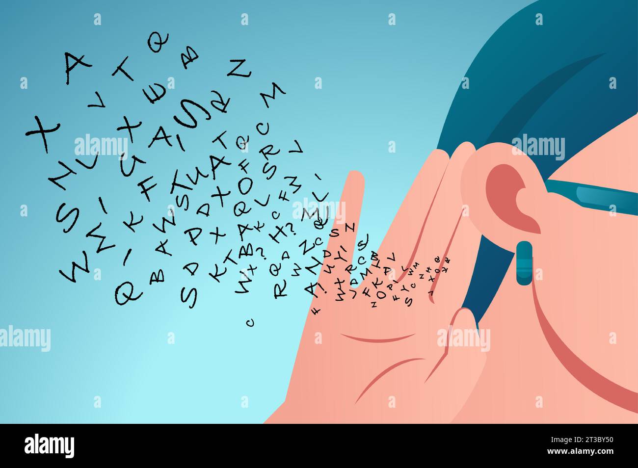 Vector of a woman holds her hand near ear and listens carefully alphabet letters flying in Stock Vector