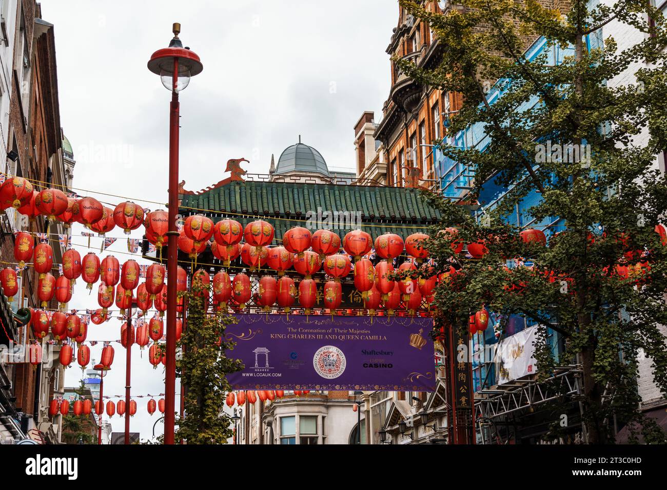 LONDON, UK - August 27, 2023: Chinatown scene in Soho quarter in City of Westminster. It contains a number of Chinese restaurants and shops. Entrance Stock Photo