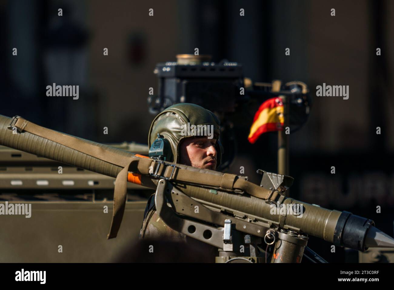 Madrid, Spain - October 12, 2023: Soldier with portable anti-aircraft missile during the parade of the armed forces on the day of the Spanish National Stock Photo