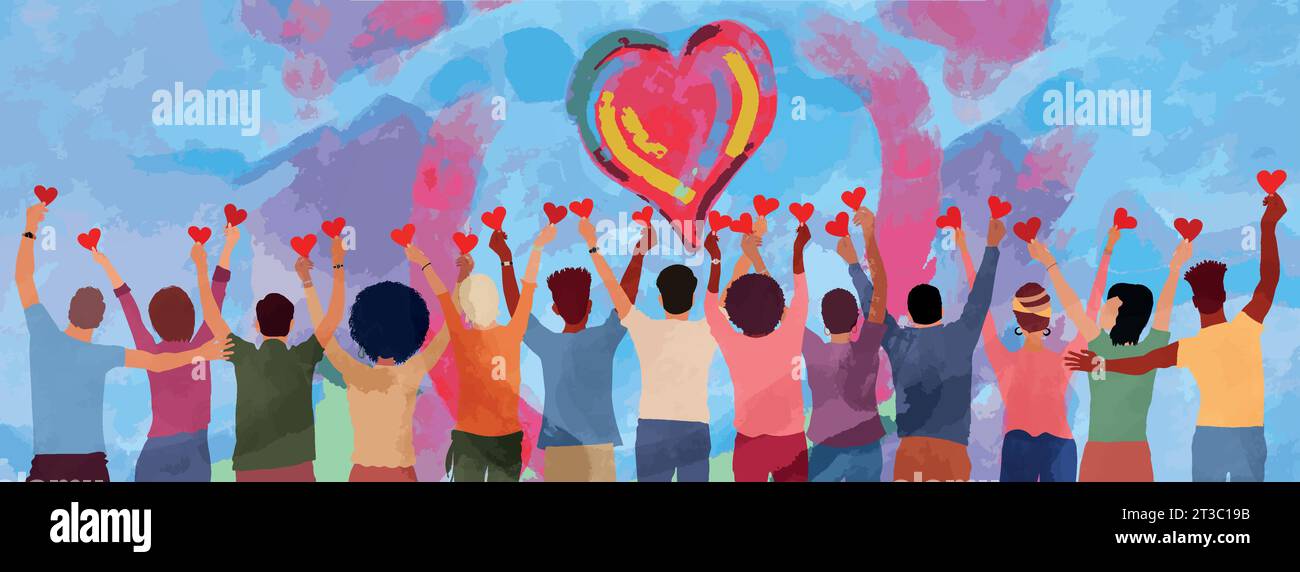 Group of diverse people seen from behind with hands raised holding a heart. Charitable donation and volunteer work. Support and assistance. NGO. Aid Stock Vector
