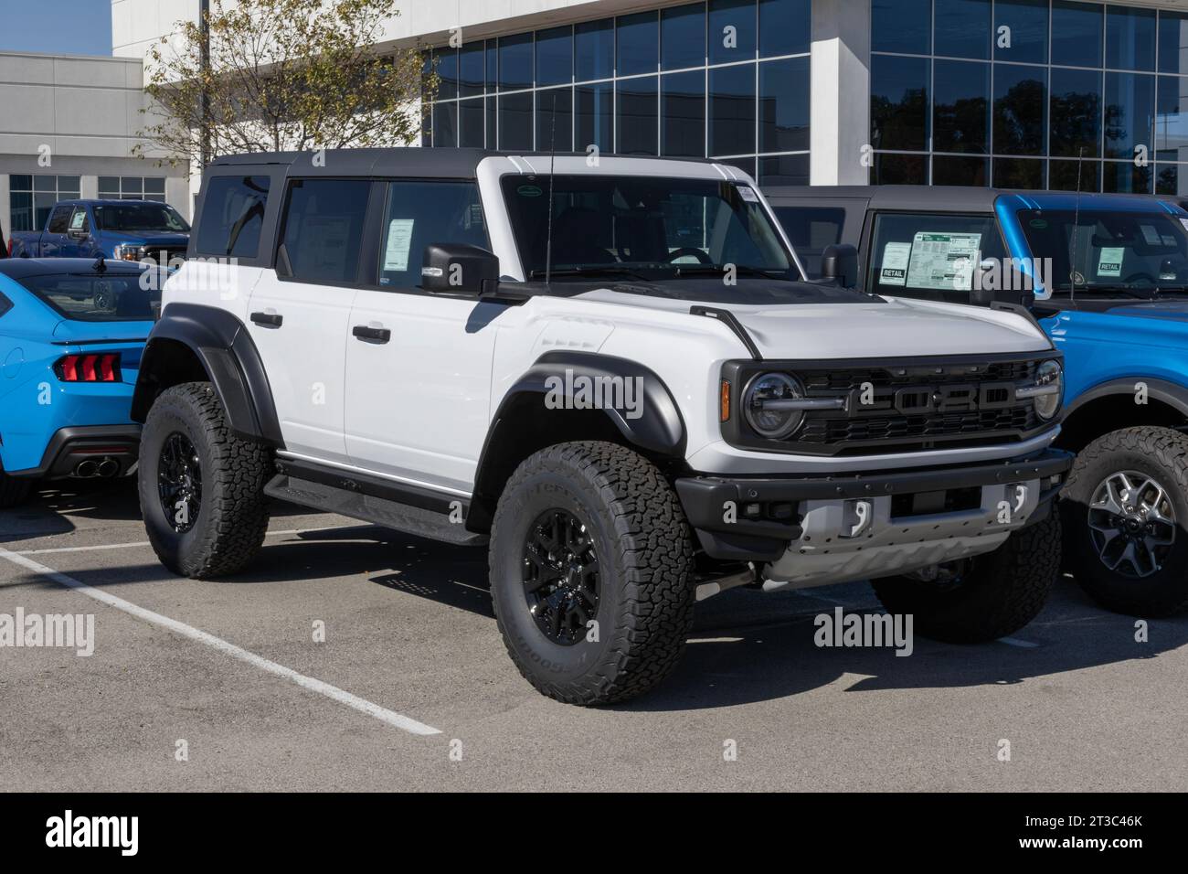 Fishers - October 22, 2023: Ford Bronco Raptor display. Ford offers the Bronco in nine models with up to 200 accessories for street and off-road use. Stock Photo