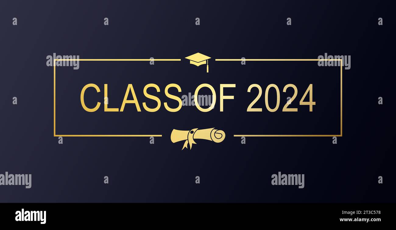 Congratulations graduates with gold brush stroke abstract background. Class of 2024 black and gold design for graduation ceremony. Stock Photo
