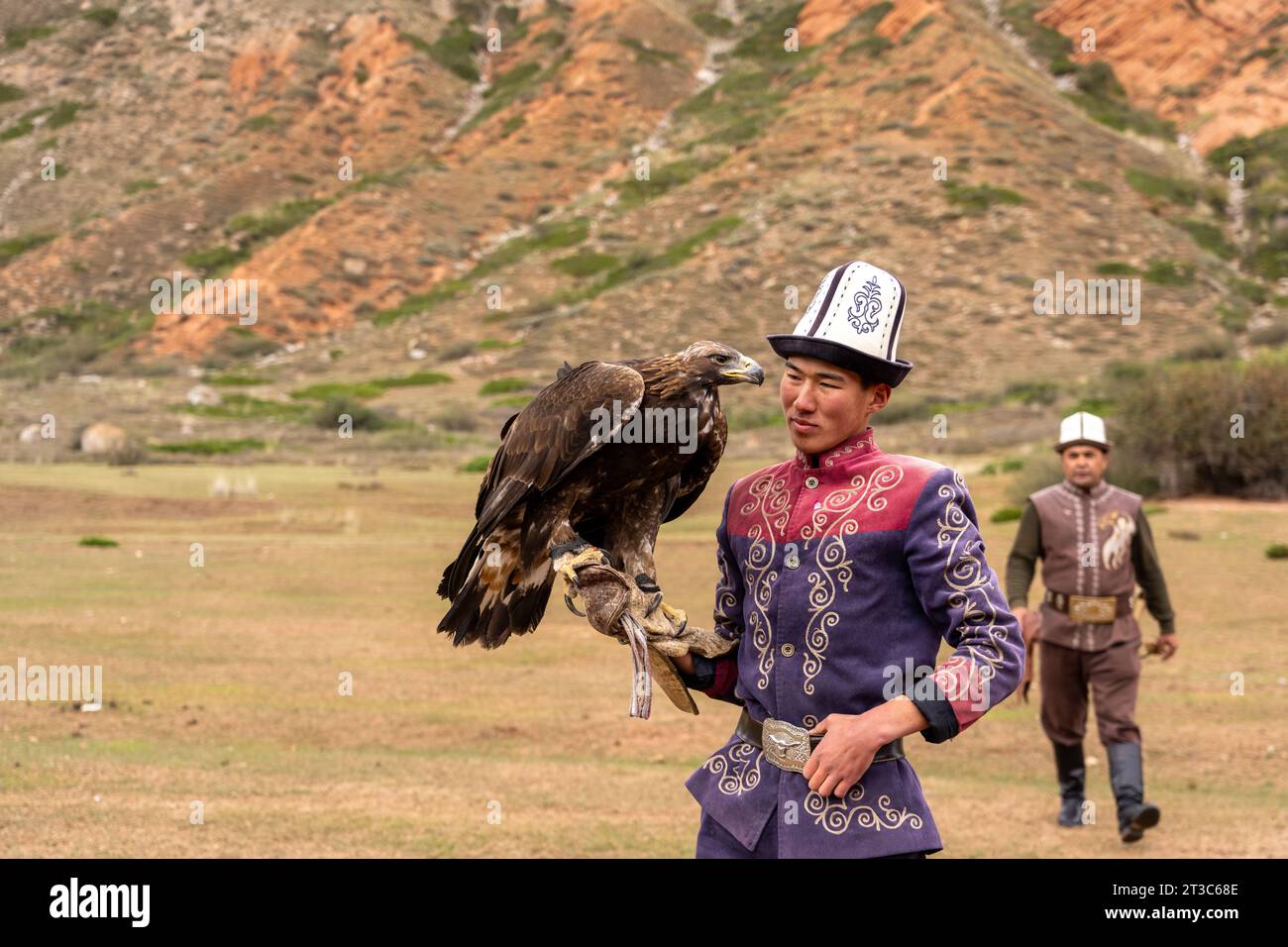 Kyrgyz hunter with trained Golden Eagle (Aquila chrysaetos), Song kol lake, Naryn region, Kyrgyzstan Stock Photo