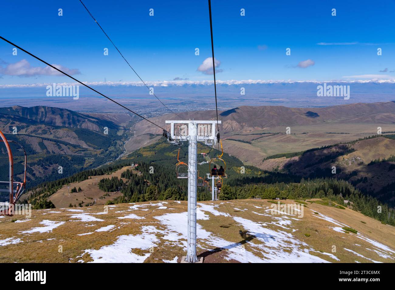 Cableway in the summer in the mountains at Karakol ski resort, Kyrgyzstan Stock Photo