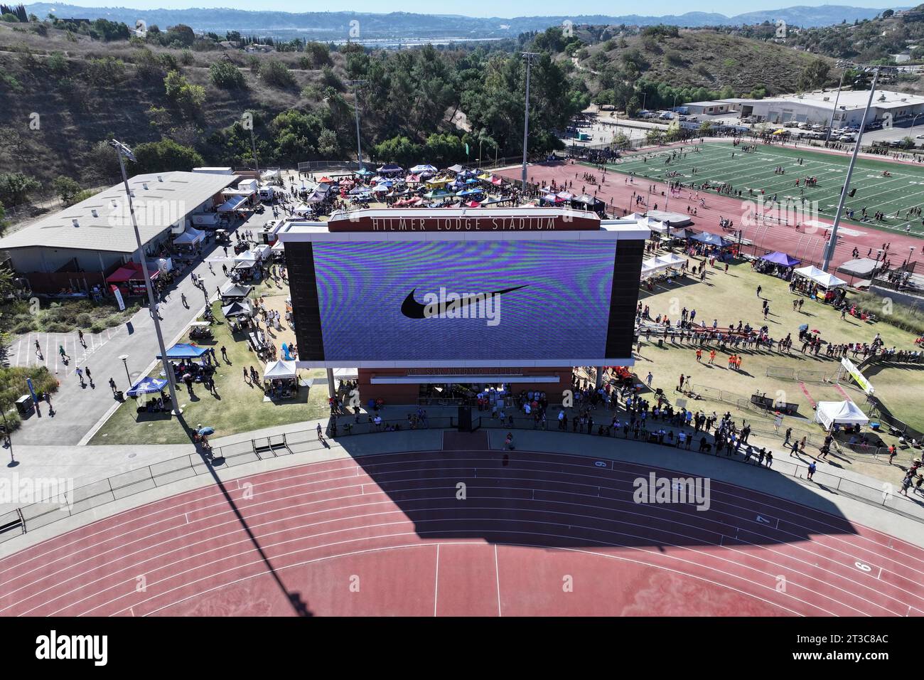 A general overall aerial view of Nike swoosh logo on the Hilmer Lodge ...