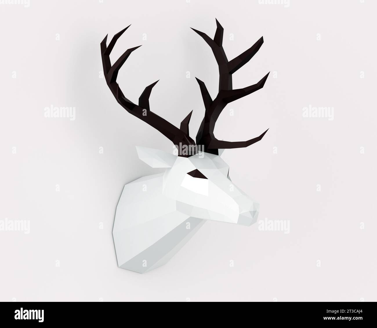 low poly white deer trophy with black horns on white background