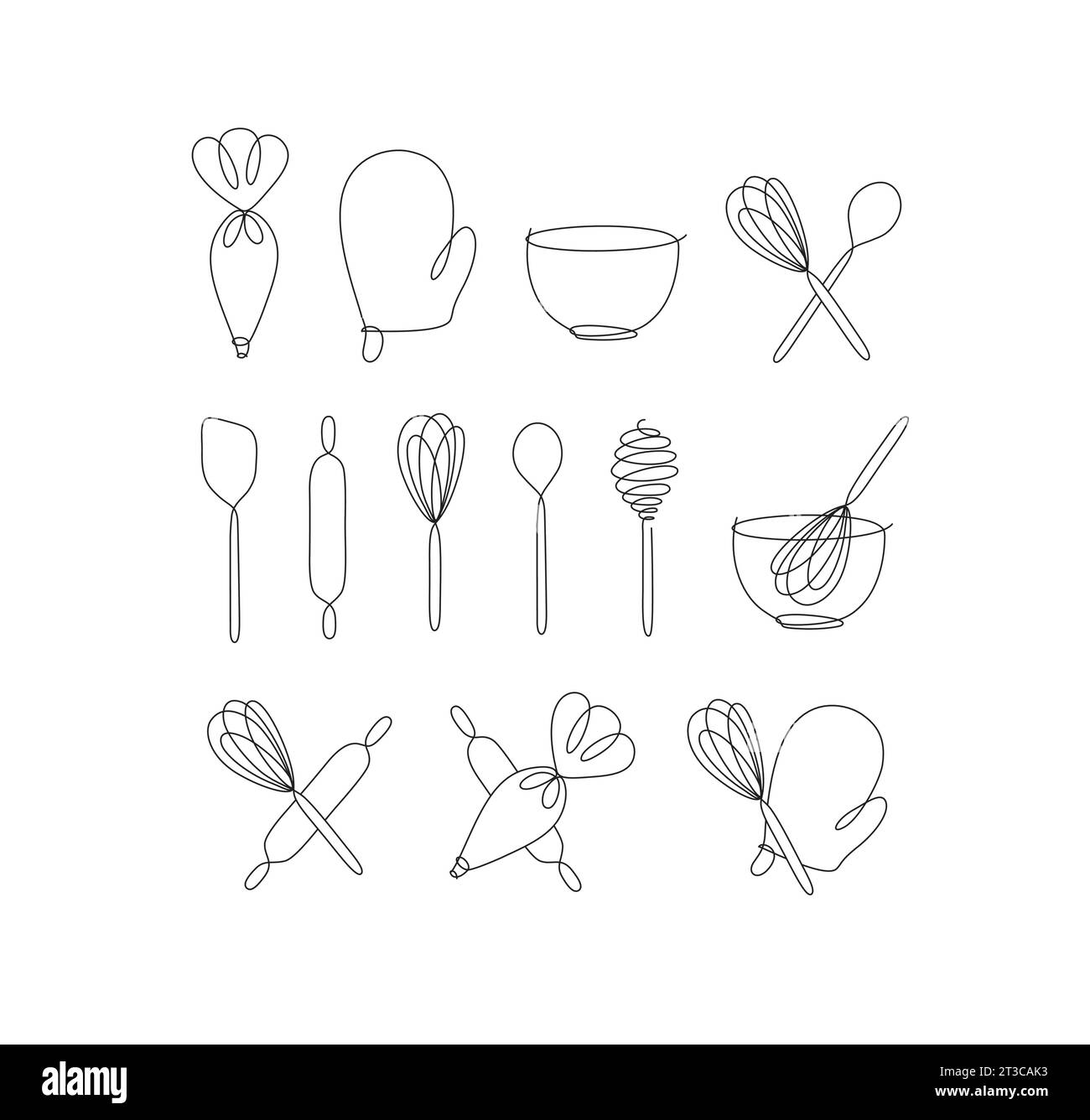 Linear bakery tools pastry bag, potholder, bowl, whisk, spoon, rolling