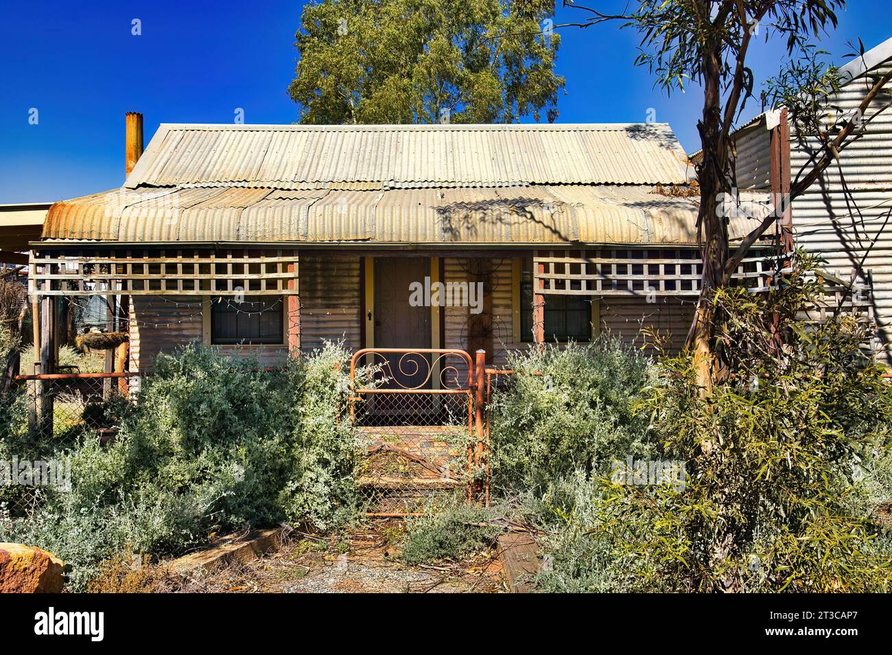 Abandoned cottage of corrugated iron and wood, with overgrown garden, in the former gold mining town of Kookynie, now a ghost town, Western Australia Stock Photo