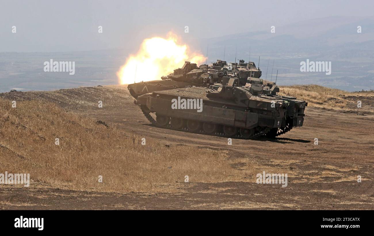 Merkava Mark 4 main battle tank live fire. Stock Photo