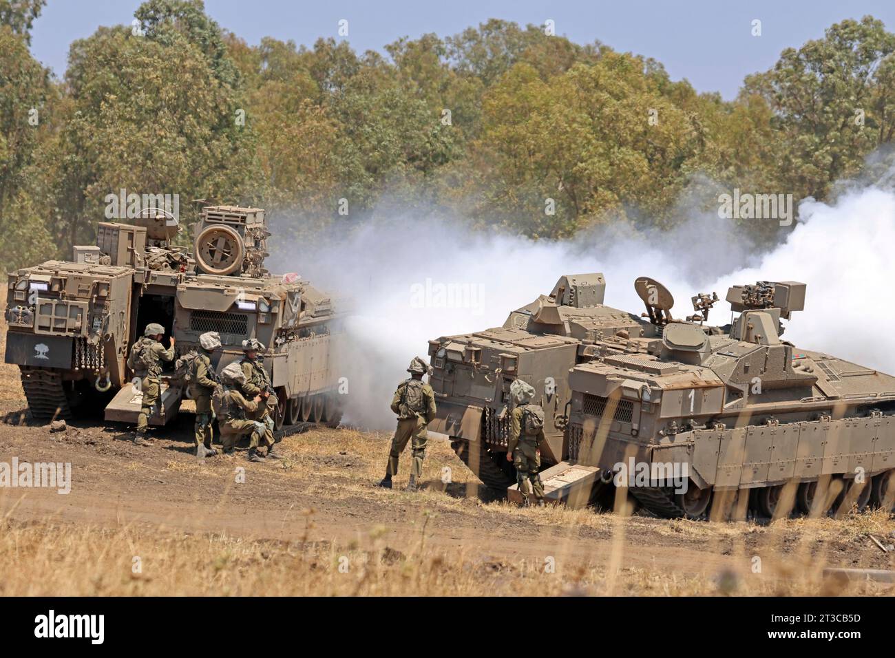 Infantry soldiers disembark from a Namer APC of the Israel Defense Forces. Stock Photo