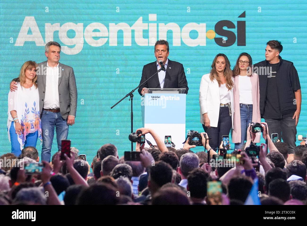 October 22, 2023, City of Buenos Aires, City of Buenos Aires, Argentina: INT. WorldNews. October 22, 2023. City of Buenos Aires, Argentina.- Presidential candidate of Union Por La Patria and current Minister of Economy Sergio Massa and his vice-president candidate, Agustin Rossi, with their family give thanks and talk to coalition demonstrators on October 22, 2023, at their bunker in the City of Buenos Aires, Argentina, after the presidential Elections. There will be ballotage of Presidential candidate on November 19, 2023 against Union Por La Patria coalition (Sergio Massa) and Liberty Advan Stock Photo
