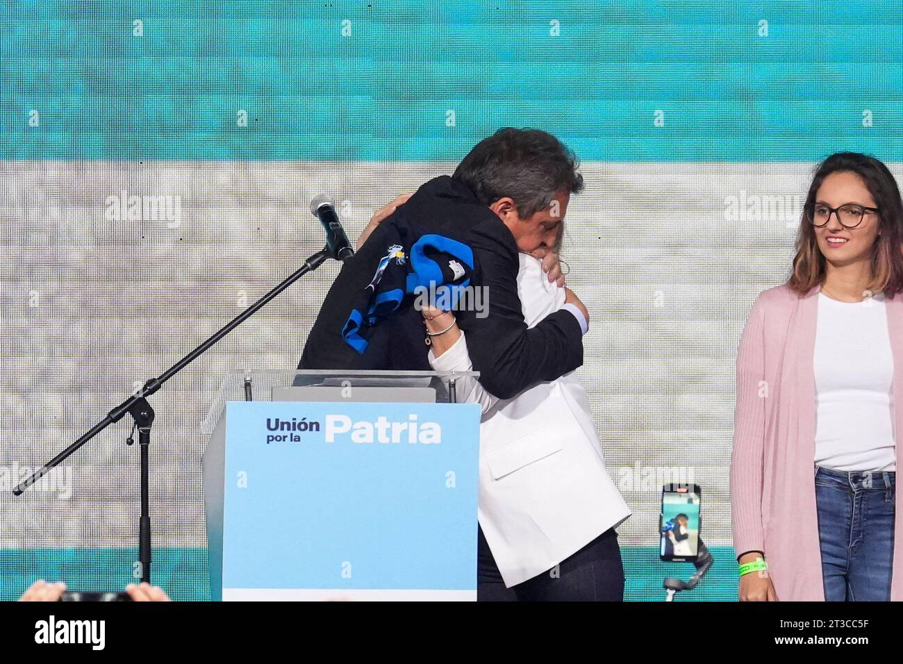 October 22, 2023, City of Buenos Aires, City of Buenos Aires, Argentina: INT. WorldNews. October 22, 2023. City of Buenos Aires, Argentina.- Presidential candidate of Union Por La Patria and current Minister of Economy Sergio Massa greets and hugs his family on October 22, 2023, at the bunker in the City of Buenos Aires, Argentina, after the presidential Elections. There will be ballotage of Presidential candidate on November 19, 2023 against Union Por La Patria coalition (Sergio Massa) and Liberty Advances coalition (Credit Image: © Julieta Ferrario/ZUMA Press Wire) EDITORIAL USAGE ONLY! Not Stock Photo