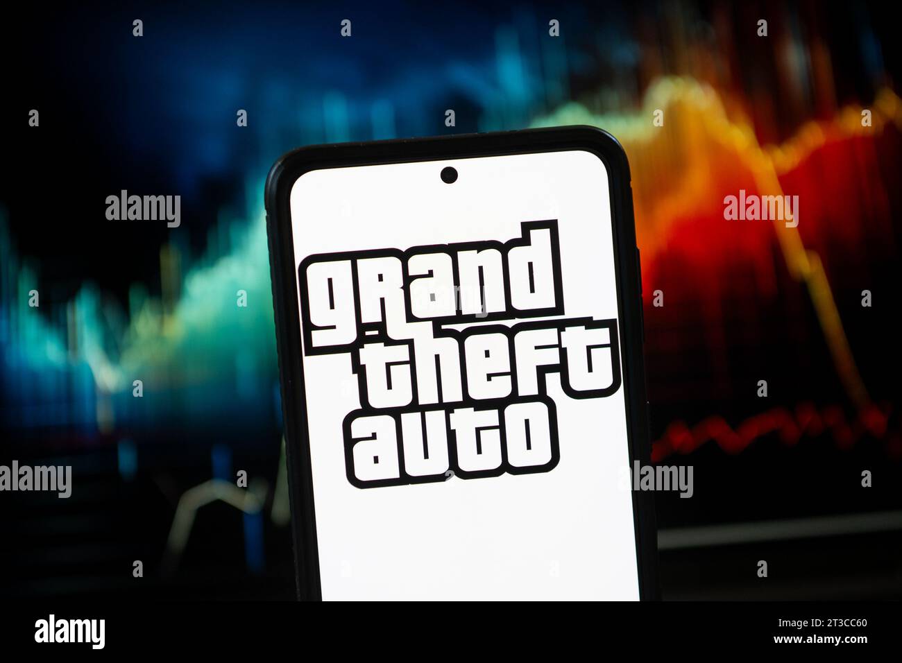 Poland. 24th Oct, 2023. In this photo illustration a Grand Theft Auto GTA logo seen displayed on a smartphone. (Photo by Mateusz Slodkowski/SOPA Images/Sipa USA) *** Strictly for editorial news purposes only *** Credit: Sipa USA/Alamy Live News Stock Photo