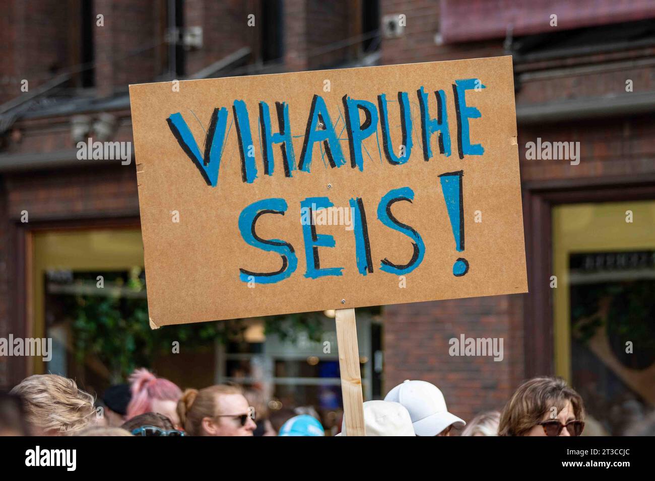 Vihapuhe seis! Handmade sign at Me emme vaikene! anti-racism demonstration in Helsinki, Finland. Stock Photo
