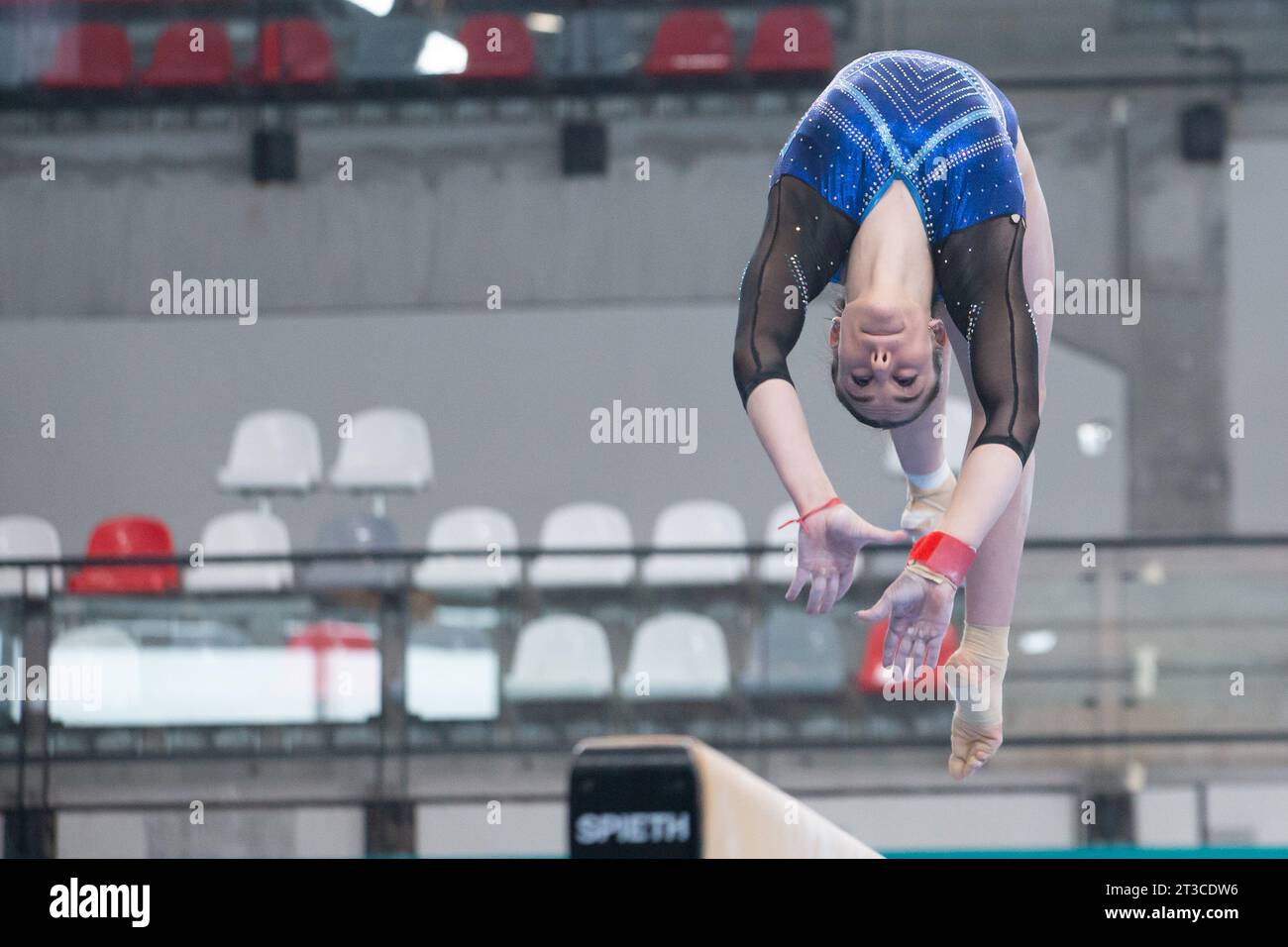 October 19, 2023: Milagros Curti Ruiz of Argentina performs on beam during the Artistic Gymnastics Womenâ€™s Podium Training at the Santiago 2023 Pan American Games, held at Centro de Deportes Colectivos in Santiago, Chile.  Daniel Lea/CSM (Credit Image: © Daniel Lea/Cal Sport Media) Stock Photo