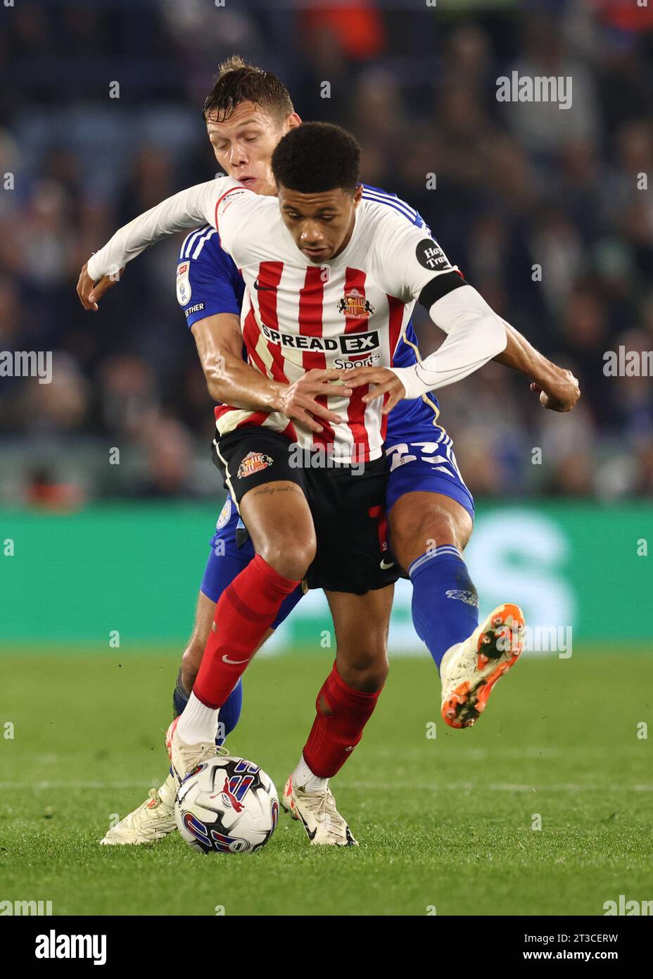 Leicester, UK. 24th Oct, 2023. Jannik Vestergaard of Leicester City tussles with Mason Burstow of Sunderland during the Sky Bet Championship match at the King Power Stadium, Leicester. Picture credit should read: Darren Staples/Sportimage Credit: Sportimage Ltd/Alamy Live News Stock Photo
