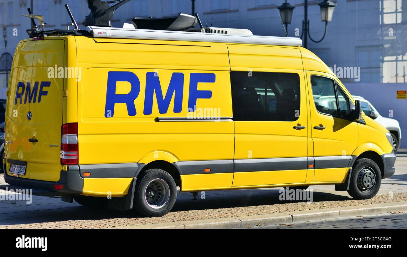 Warsaw, Poland. 24 October 2023. TV news car. Special transport for reporters. Mobile Television  in Presidential Palace to transmit a signal . Live f Stock Photo