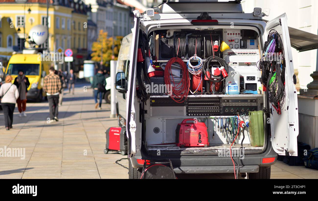 Warsaw, Poland. 24 October 2023. TV news car. Special transport for reporters. Mobile Television  in Presidential Palace to transmit a signal . Live Stock Photo