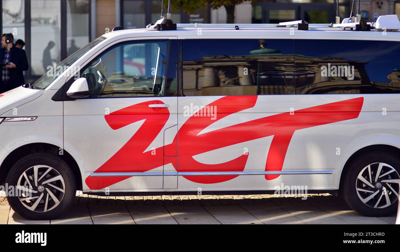 Warsaw, Poland. 24 October 2023. TV news car. Special transport for reporters. Mobile Television  in Presidential Palace to transmit a signal . Live f Stock Photo