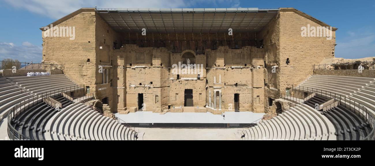 Wideangle image of the Roman theatre at Orange showing the stage and part of the cavea Stock Photo
