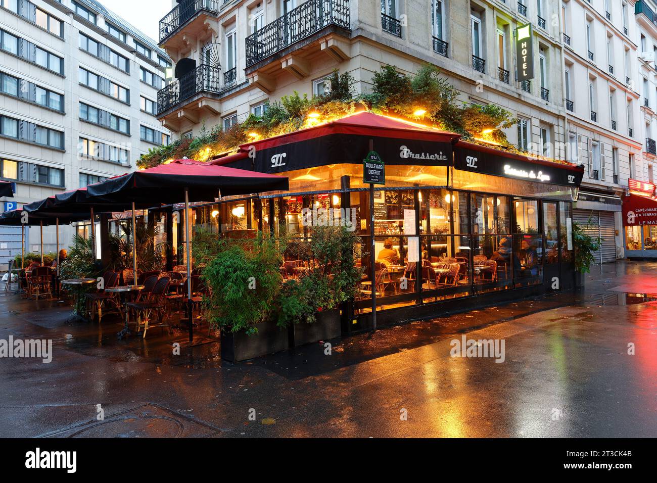 Paris, France-October 23, 2023 : Brasserie Terrasse de Lyon is traditional French restaurant located opposite the Gare de Lyon railway station , a 5-m Stock Photo