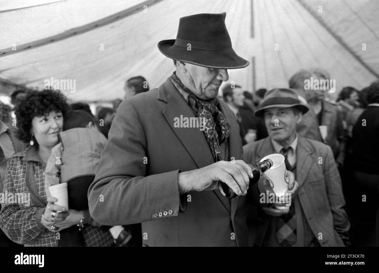 Beer tent, its crowded gypsy men drinking at the end of a day. Appleby in Westmorland gypsy horse fair Cumbria, England June 1981 1980s  UK HOMER SYKES Stock Photo