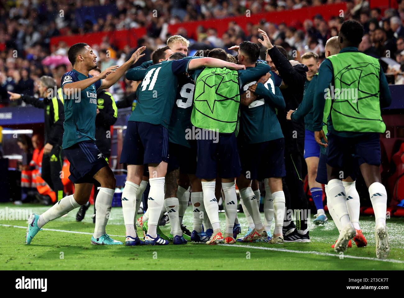 Arsenal's Gabriel Jesus celebrates scoring their side's second goal of the game with team-mates during the UEFA Champions League group B match at the Ramon Sanchez-Pizjuan Stadium, Seville, Spain. Picture date: Tuesday October 24, 2023. Stock Photo