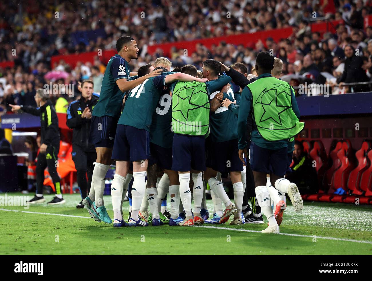 Arsenal's Gabriel Jesus celebrates scoring their side's second goal of the game with team-mates during the UEFA Champions League group B match at the Ramon Sanchez-Pizjuan Stadium, Seville, Spain. Picture date: Tuesday October 24, 2023. Stock Photo