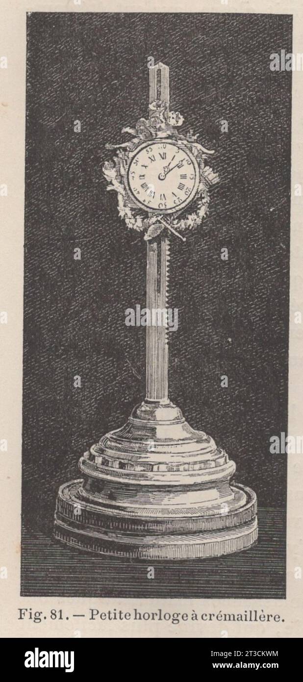 Les Arts de l'Ameublement : L'Horlogerie , Paris , Librairie Ch. Delagrave. /antique french 19th century book / Fig.81.- Petite horloge á crémaillére / Small clock with cremaillére /Small clock with rack Stock Photo