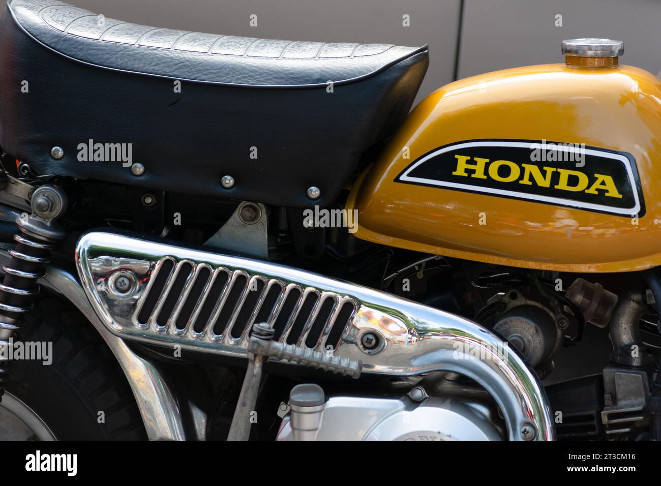 Salvador, Bahia, Brazil - November 1, 2014: Detail of the fuel tank of a 1972 Honda motorcycle is seen at an exhibition of vintage cars in the city of Stock Photo