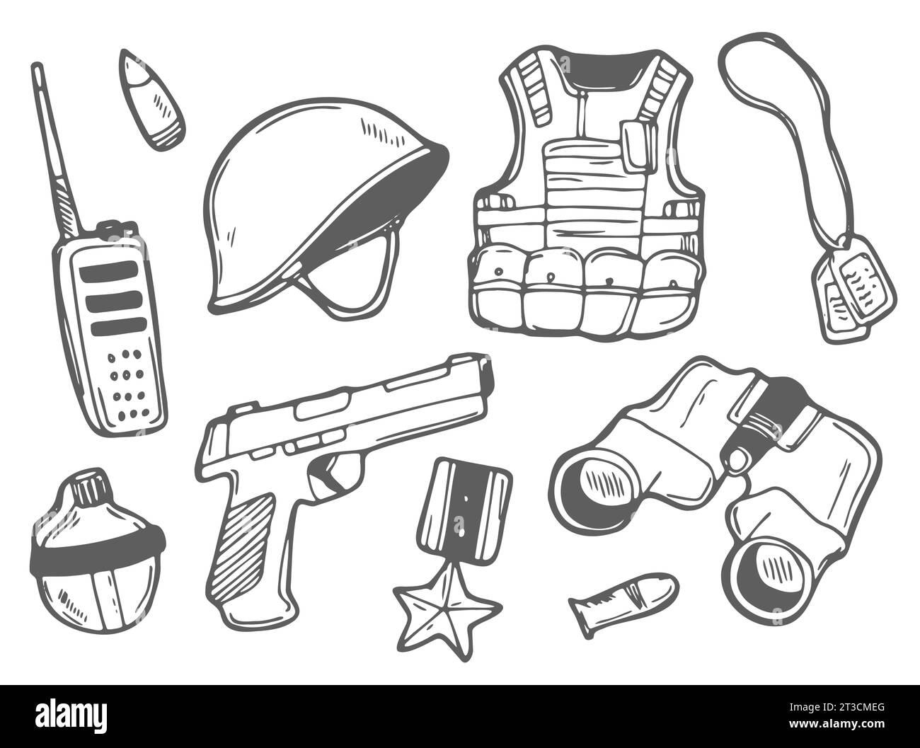 Military Soldier doodle icon set. War Style Vector illustration collection. Banner Hand drawn Line art style. Stock Vector