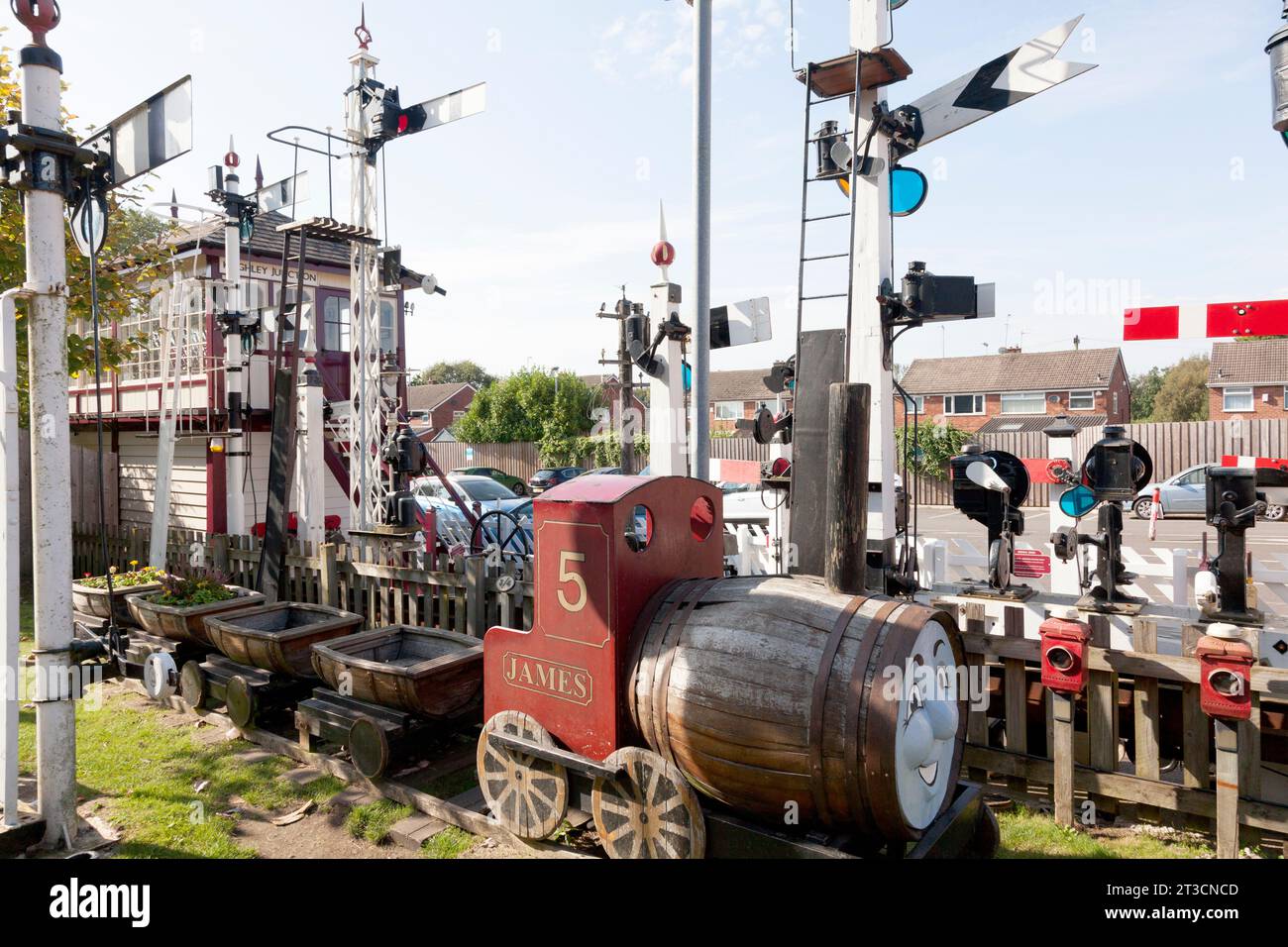 James the Tank Engine in 'No Man's Land' garden surrounded by preserved semaphore signals at Irlam Station, Greater Manchester Stock Photo