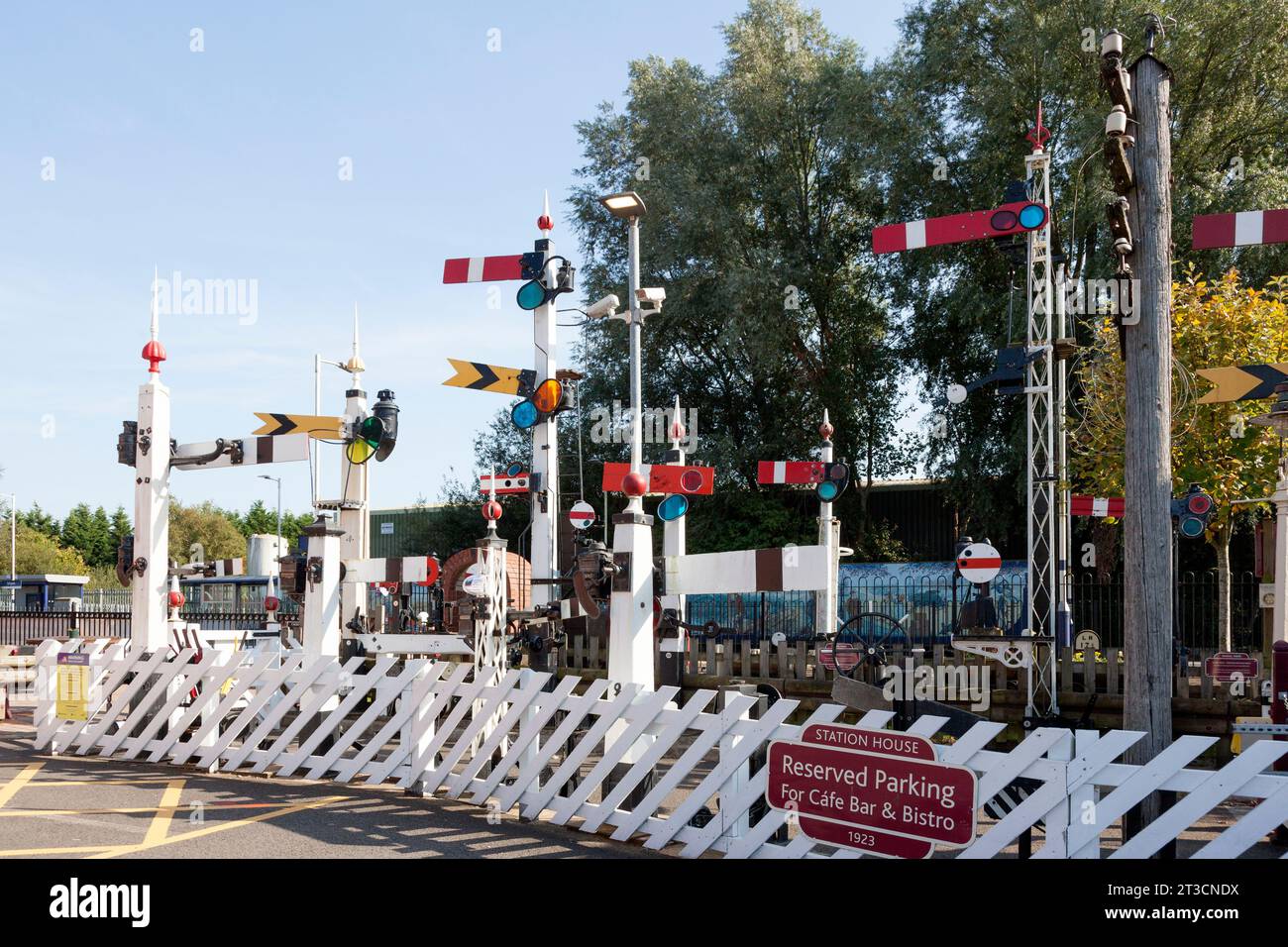 Preserved historic railway semaphore signals at Irlam Station, Greater Manchester Stock Photo