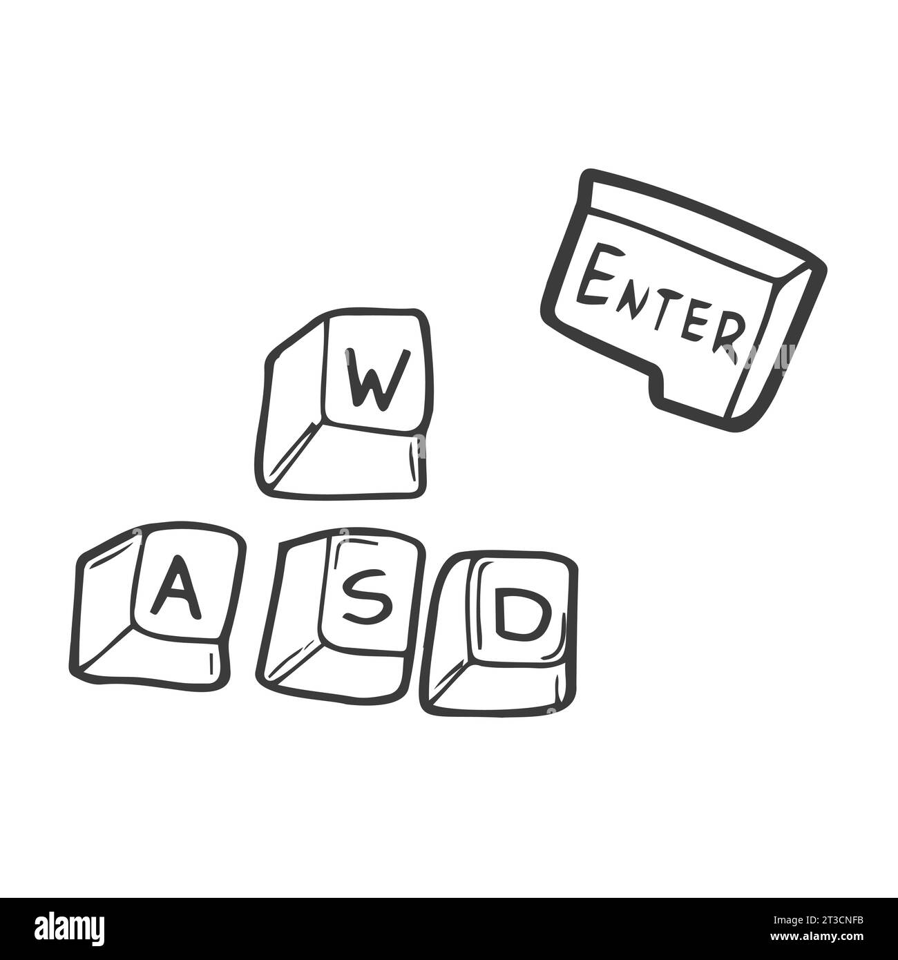 Keyboard. Wired device for entering information into a computer. The device consists of a set of keys. Vector illustration in doodle style. Outline on Stock Vector