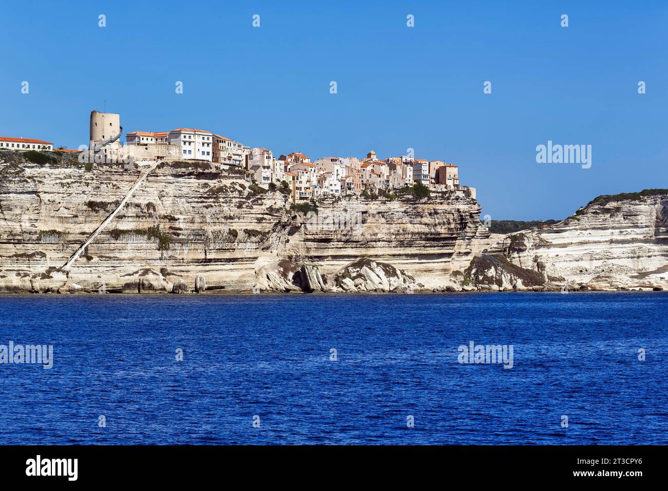 Upper town with the staircase of the King of Aragon on white chalk cliffs, southern tip of Corsica, Bonifacio, Corsica, France Stock Photo