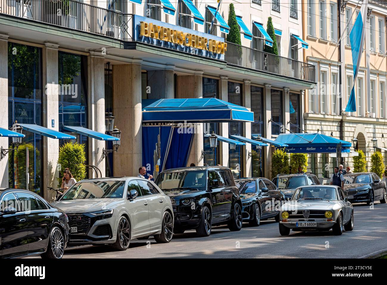 Hotel Bayerischer Hof with Palais Montgelas, luxury, venue of the Munich Security Conference, MSC, classic car Alfa Romeo GT 1300 Junior Stock Photo