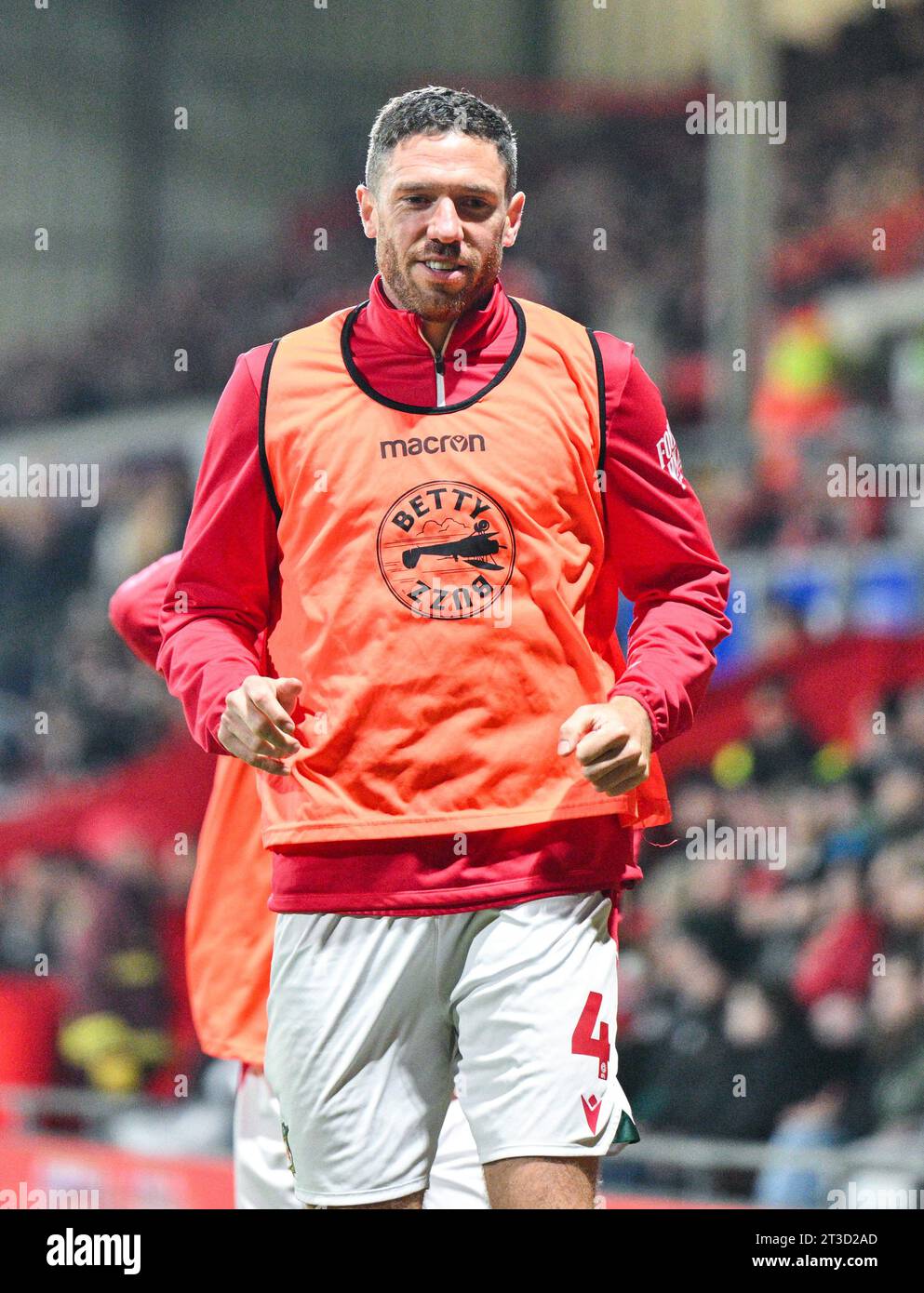 Ben Tozer 4# of Wrexham Association Football Club warms up, during the Sky Bet League 2 match Wrexham vs Sutton United at SToK Cae Ras, Wrexham, United Kingdom, 24th October 2023  (Photo by Cody Froggatt/News Images) Stock Photo