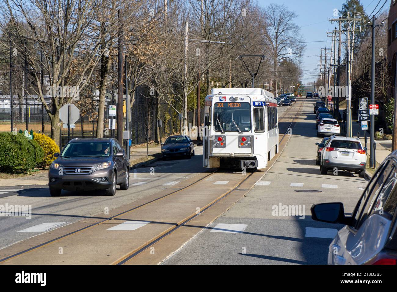 Trolley and street scene, Route 101, Media, Pennsylvania, USA Stock ...