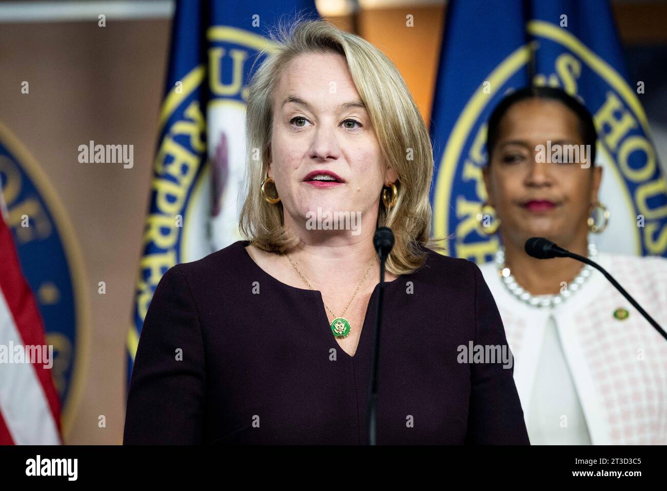 October 24, 2023, Washington, District of Columbia, USA: U.S. Representative NIKKI BUDZINSKI (D-IL) speaking at a House Democratic caucus press conference at the U.S. Capitol. (Credit Image: © Michael Brochstein/ZUMA Press Wire) EDITORIAL USAGE ONLY! Not for Commercial USAGE! Stock Photo
