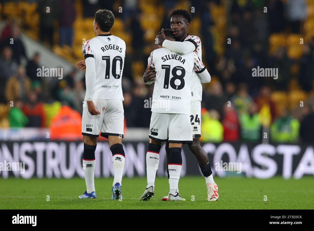 Sammy Silvera celebrates with Alex Bangura of Middlesbrough at full time during the Sky Bet Championship match Norwich City vs Middlesbrough at Carrow Road, Norwich, United Kingdom, 24th October 2023  (Photo by Ryan Crockett/News Images) Stock Photo