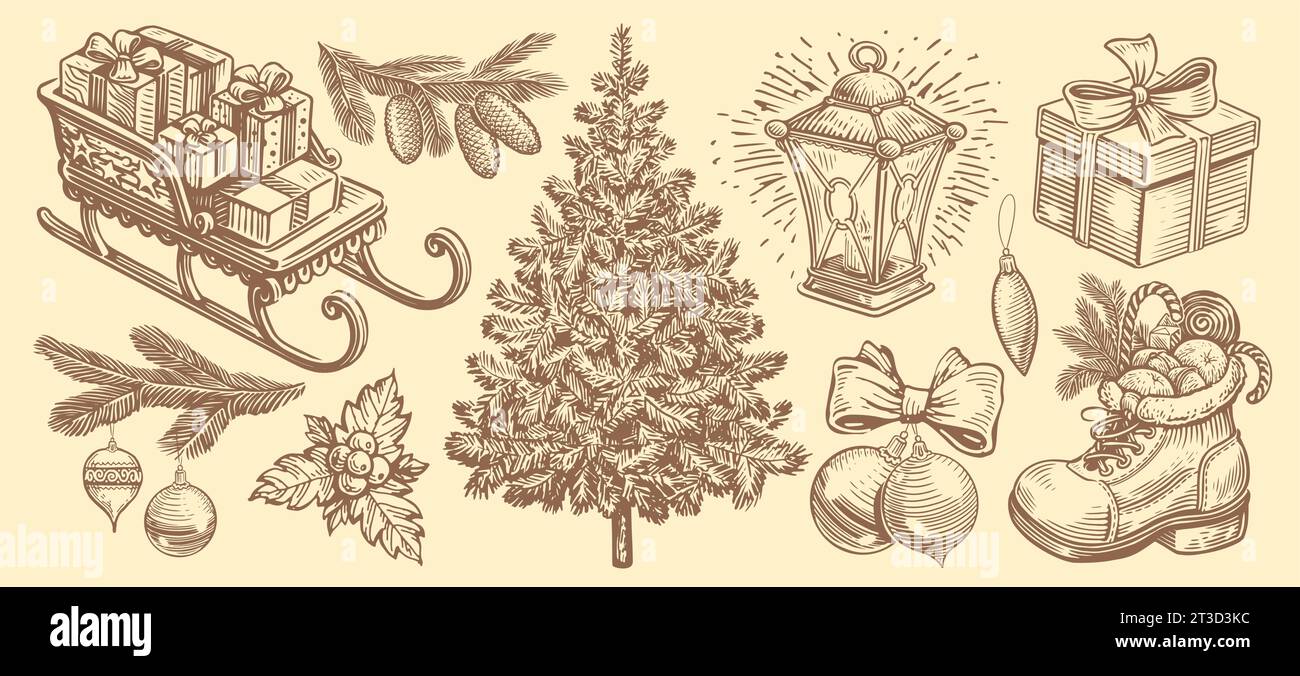 Christmas, New Year set of retro objects in sketch style. Happy holidays concept. Vintage hand drawn vector illustration Stock Vector