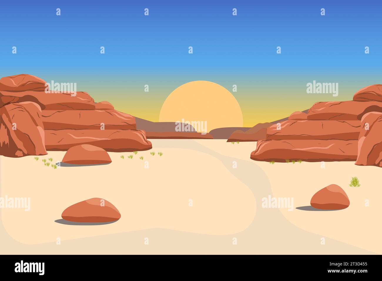 Desert landscape with rock formations and sunset sky - Illustration Stock Photo