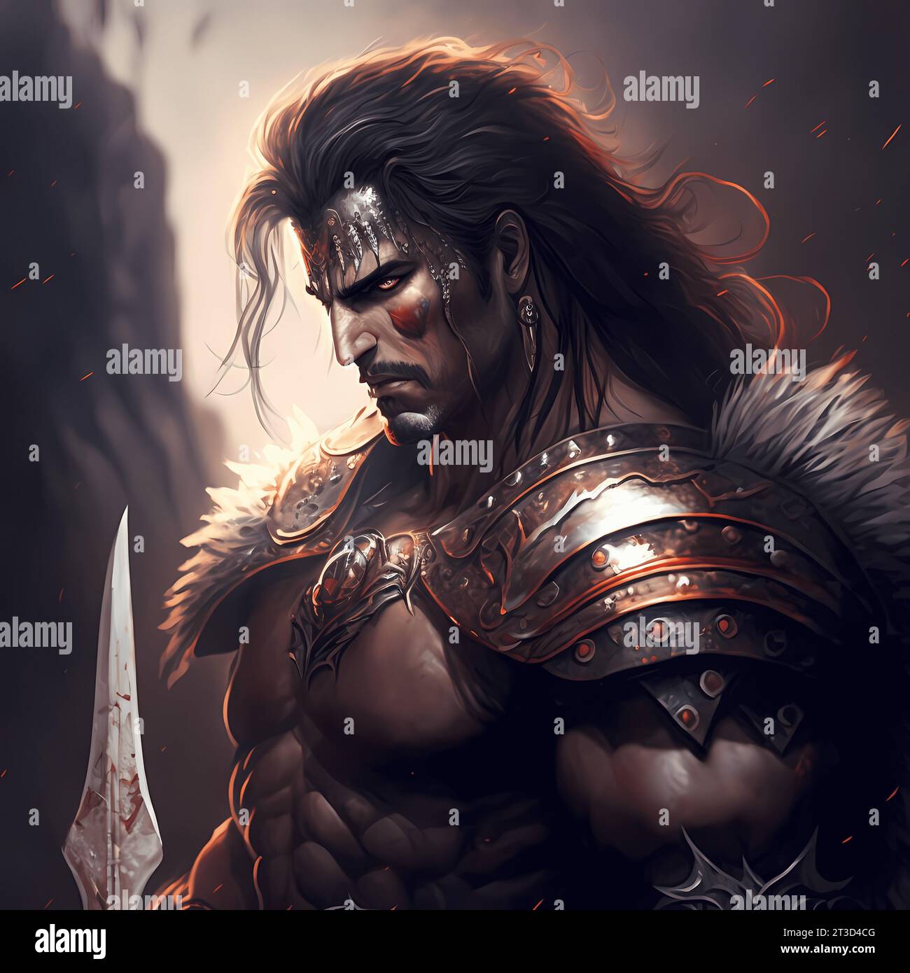 A determined looking man with long dark hair wearing a full set of