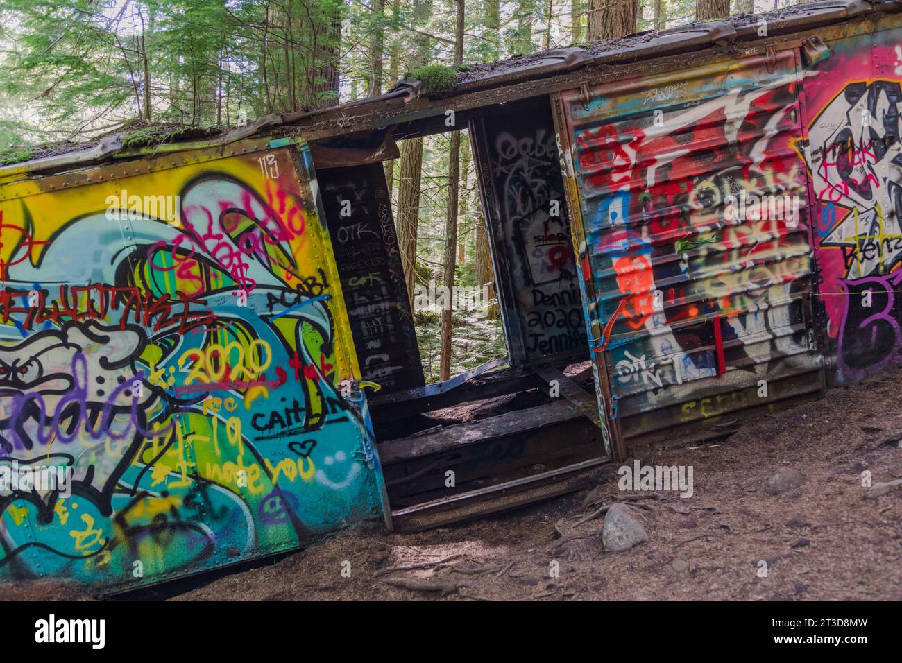 Abandoned train cars lie in the forest at the Whistler Train Wreck Trail outside Whistler, British Columbia, Canada. Stock Photo